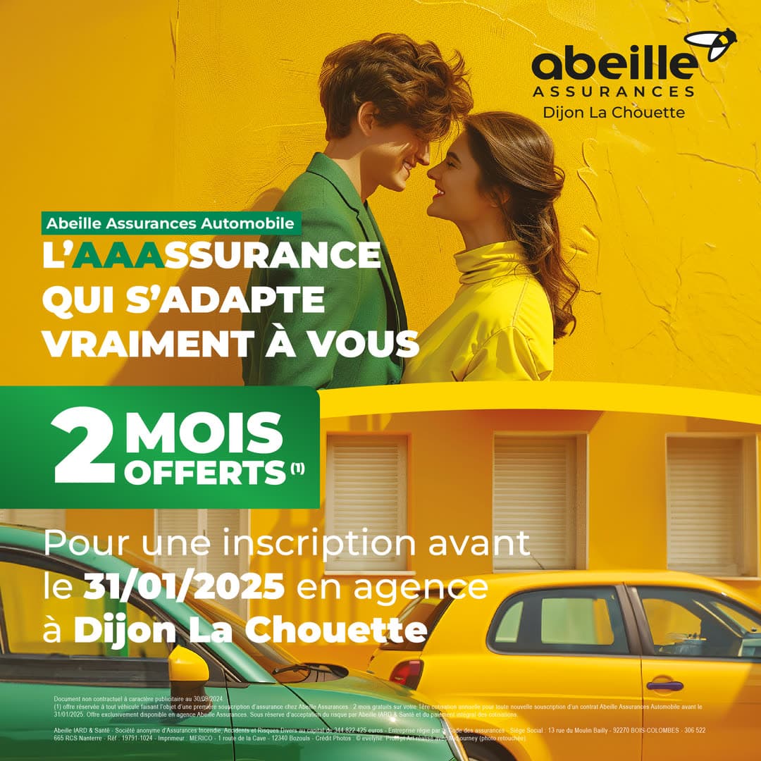 Bannière carrée jaune et verte : un couple devant une voiture, « l’assurance qui s’adapte vraiment à vous » et « 2 mois offerts » pour une inscription avant le 31/01/2025.