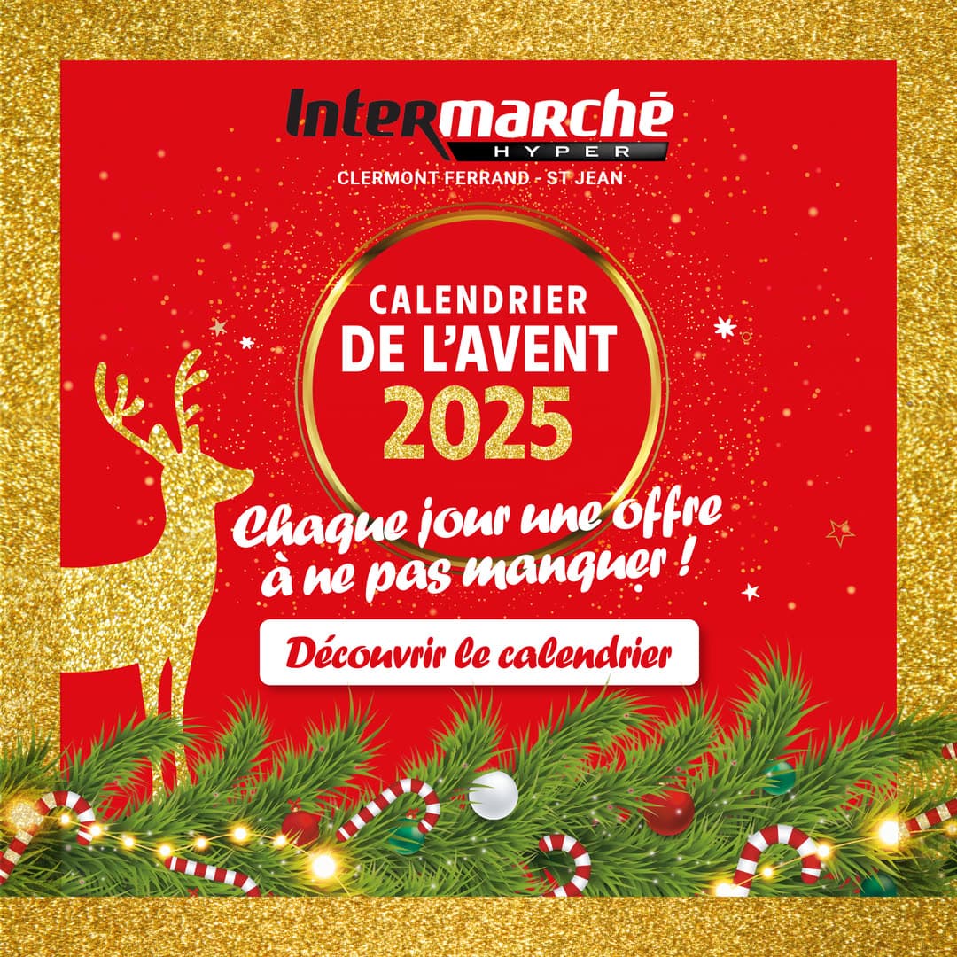 Bannière carrée rouge et or : un cerf doré, des branches de sapin illuminées et l’accroche « Calendrier de l’Avent 2025 — chaque jour une offre à ne pas manquer ».