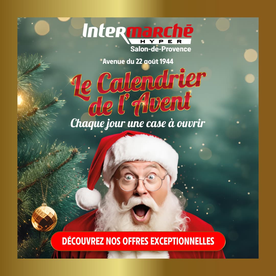 Bannière carrée bordée d’or : un père Noël étonné devant un sapin décoré, « Le Calendrier de l’Avent — chaque jour une case à ouvrir ».