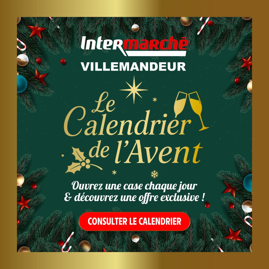 Bannière carrée vert sapin et or : une couronne de branchages et de boules, « Le Calendrier de l’Avent — ouvrez une case chaque jour ».