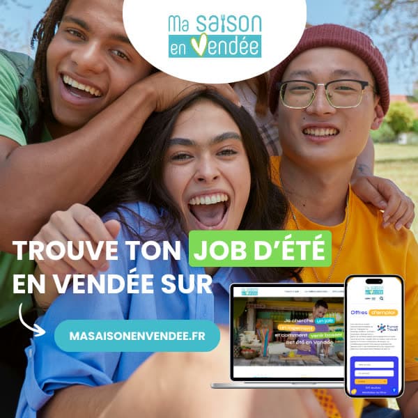 Bannière carrée : trois jeunes gens hilares, « Trouve ton job d’été en Vendée sur masaisonenvendee.fr » et des captures du site.